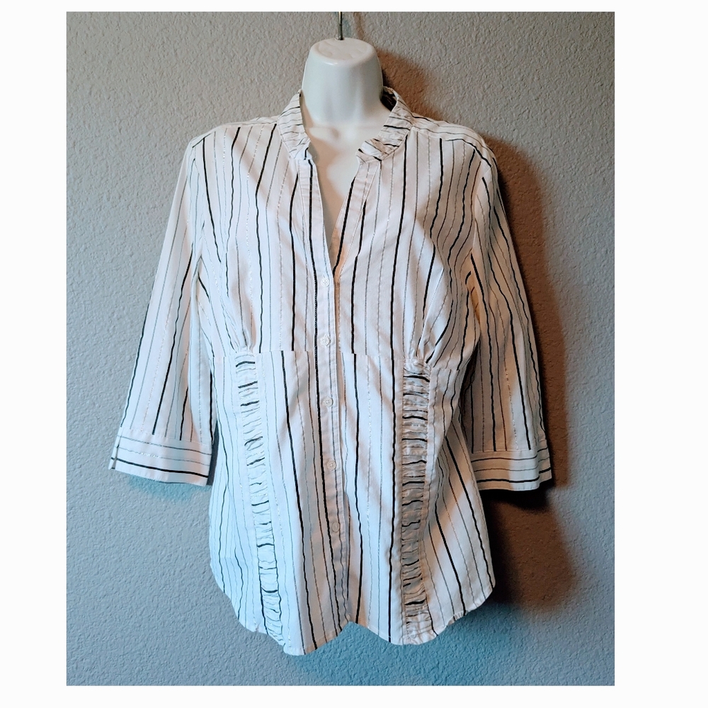 Hillard & Hanson White Blouse with Black And Silver Vertical Stripes XL - Picture 4 of 9